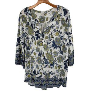 Lucky Brand Womens Floral Tunic Top size 2X plus Blue Yellow Bohemian Style